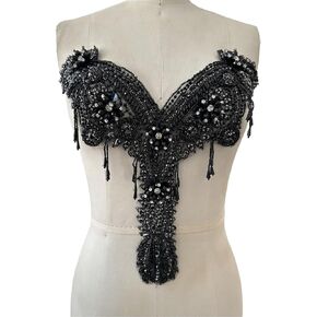 Handmade Rhinestone Fringe Patch Trim Crystal Fringe Chain Beaded Applique for Sewing Crafts Wedding Party Decoration Bridal Dress Accessories 12.5X12.9inches (Black)