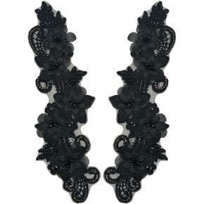3D Flowers Appliques Pair, Sewing Beads Trim Lace Patches, Rhinestone Sequin Beaded Alencon Lace Patches Accessory for Dress and Clothes (Black)