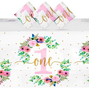 BLUE PANDA 3 Pack Floral Plastic Tablecloth for Baby Girl's 1st Birthday Party Supplies (54 x 108 in)