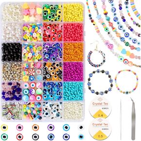 KAMJUNTAR 2989PCS Evil Eye Beads for Jewelry Making,3mm Seed Beads Polymer Clay Beads for Bracelets Making Gold Pearl Colorful Flower Spacer Kandi Beads for Crafts DIY Bracelet