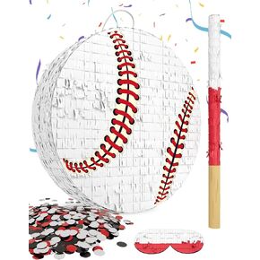 Baseball Pinata for Boys - Includes Wooden Bat, Blindfold, Confetti - 13"x13"x3" - Ideal for Sports Themed Birthday Party Decorations