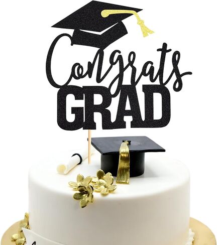 Arthsdite 1Pc Congrats Grad Cake Topper, Class of 2025 Themed Graduation Party Decorations for University College High School Celebration Party Supplies - Black Glitter in Kuwait