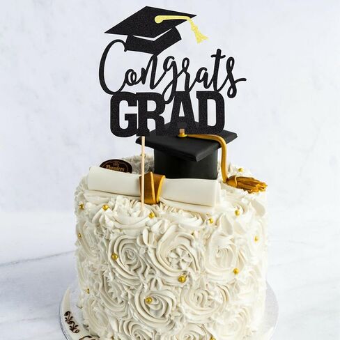 Arthsdite 1Pc Congrats Grad Cake Topper, Class of 2025 Themed Graduation Party Decorations for University College High School Celebration Party Supplies - Black Glitter in Kuwait