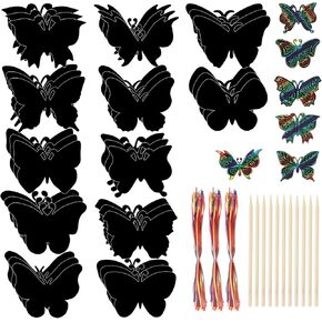 simarro 36Pcs Butterfly Scratch Cards, 12 Styles Rainbow Scratch Crafts Butterfly Party Favors with 12 Bamboo Stylus for DIY Crafts Home Decoration Art Project Games