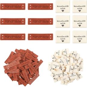 Handmade Label Kit - 60Pcs Sewing Labels for Handmade Items and 60Pcs Handmade PU Leather Tags, Crochet Tags for Handmade Items, Handmade Embossed Crochet Tags with Holes for DIY Crafts Knitting