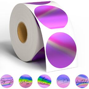 Holographic Label Roll,Purple Thermal Label,2 x 2 inch Self Adhesive Printable Sticker,NefLaca Flash Printer Label for DIY Logo Design,Name Tag,QR Code,400 Labels per Roll(Holographic Round Style)