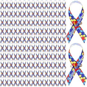 150 Pcs Autism Awareness Ribbons Autism Puzzle Fabric Awareness Ribbons with Safety Pins Lapel Pin Satin Ribbon for Charity Public Social Event Welfare Supplies