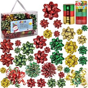 JOYIN 40 Pcs Christmas Assorted Gift Bows with 34 Multi-Colored Assorted Size Self Adhesive Gift Bows, 2 Curly Bows, 2 Tinsel Bows and 2 Curling Ribbons for Gift Wrapping, Christmas Wrapping Ribbon