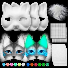 DIY Glow in the Dark Therian Mask Set Cat Fox Mask Halloween Mask Therian Stuff Gear for Masquerade Cosplay