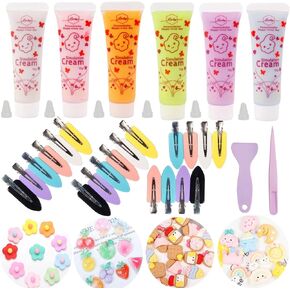 Taginke 6 Colors (15ml Each) Cream Glue Set DIY Hairpin Kit, 6 Pcs Decoden Cream with 20 Pcs Hairpins with 40pcs Slime Charms Resin with 1 Pack Tool with 6 Plastic Mouths (Flower)