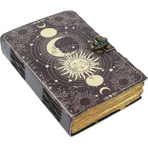 Sun & Moon Vintage Leather Journal for Men & Women 200 Pages of Antique Handmade Deckle Edge Vintage Paper, Leather Sketchbook, Drawing Journal, Printed Leather Journal, Great Gift (9 x 6)