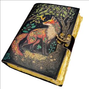 Fox Blank Spell Book of Shadows Leather Journal with Lock Clasp Vintage Handmade Diary Celestial Grimoire gothic Tarot Prayer Pagan Witchcraft Supplies Wiccan Decor Notebook (7 X 5)