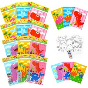 Tiny Mills Dinosaurs Coloring Book for Kids Party Favor Set with 12 Coloring Books and 48 Crayons Dinosaurs Jurassic Birthday Party Supplies Bag Fillers
