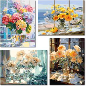 Meothan 4 Pack Paint by Numbers Kits for Adults Flowers Adult Paint by Numbers Kits for Beginner, DIY Acrylic Paint by Number on Canvas Easy Paint by Numbers for Adults Home Wall Decor 16X12 Inch