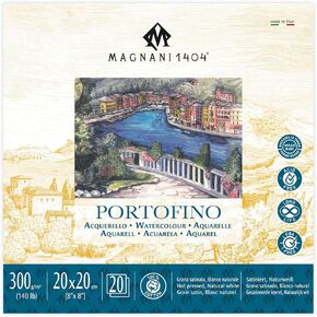 Magnani 1404 Portofino Hot Press 100% Cotton Watercolor Paper Pad, 20 Sheets, 8x8", 140 lb, Acid-Free, UV Resistant, Deckled Edges, Vegan Sized Water Color Paper for Artists, Made in Italy