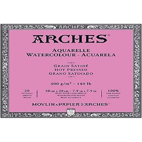ARCHES Aquarelle – Block of 20 Sheets 20 x 20 cm Glued 4 Sides 300 g/m² Satin Grain, Natural White, 4 Free Edges