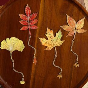 4 Pieces Metal Bookmarks Fallen Leaves with Chain Leaf Bookmark Golden Plant Maple Leaf Gifts Page Marker Aesthetic Accessories for Women Book Lovers Writers Readers Teenage