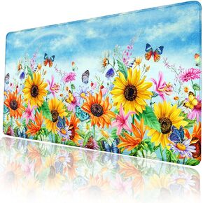 Desk Pad Sunflowers, Big Mouse Pad Flower Butterfly Women Girls Desk Mat Extended Large Gaming Mouse Pad Non-Slip Base Stitched Edge Work Home Office Desk Computer Keyboard Laptop Decor Mouse Mat