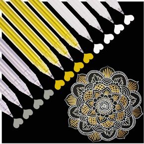 Metallic Gel Pen, 3 Colors Gel Pen Set with Gold, Silver,White for Artists Black Paper Drawing,Writing, Sketching, Illustration, Pack of 12