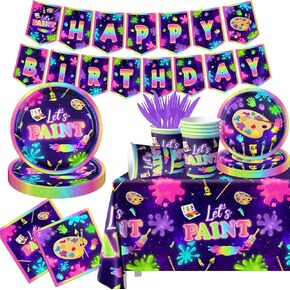 Art Painting Party Supplies,142pcs Paint Splatter Party Tableware Neon Glow Decorations Set Art Party Dessert Plates Paint Splatter Napkins Let’s Paint Tablecloth for Kids Sip and Paint Party Supplies