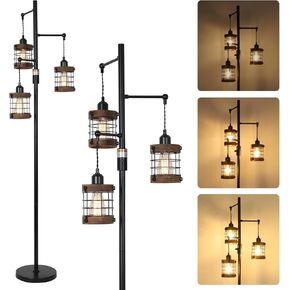Airposta Dimmable Floor Lamps for Living Room, 3-Light Industrial Floor Lamp with Wood & Metal Cage, Farmhouse Standing Lamp Tall Tree Lamp for Bedroom Office, Rustic Black Tall Floor Lamp for Corner