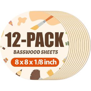 Rowood Basswood Sheets,12 Pack Round Plywood,10x10x1/8inch,3mm Basswood for Laser Cutting Engraving Blanks,Thin Wood Sheets Adult Craft Kits for DIY Ornaments and Drawing