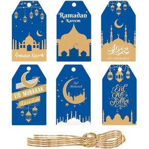 Ramadan Mubarak Gift Tags,Eid Mubarak Lables with String 60PCS,Ramadan Kareem Blue Gold Present Paper Tags Hanging Labels Ornaments for Ramadan Islamic Muslim Party Decoration