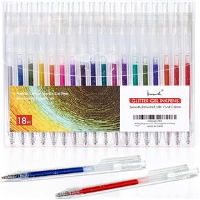 Glitter Gel Pens, 18 colors, Vibrant Sparkle Glitter Markers Gel pens for Coloring, Glitter Pens for Adults, Retractable Colored gel pens for Coloring Books and Drawing