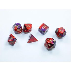 Purple and Red Gemini Mini Dice with Gold Colored Numbers 10mm (3/8in) Set of 7 Chessex