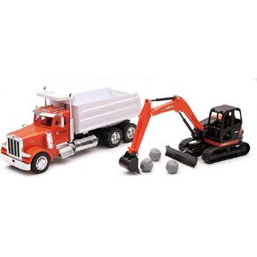 New Ray Peterbilt Dump Truck Orange and White and Kubota KX080-4 Excavator Orange and Black with Rocks 1/32 Diecast Model