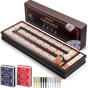 VAMSLOVE Upgraded Wooden 4-Track Cribbage Board Game Magnetic Scoreboard with Large Slots for Storing 2 Playing Cards and 12 Metal Pegs, Travel Family Game Night (Instruction Included)