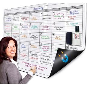 Magnetic Dry Erase Monthly Extra Large White Board Calendar for Wall, 38" by 50", Big Laminated Erasable One Month Whiteboard Calendar, Giant Oversized Blank 30-Day Poster with Lines and Square
