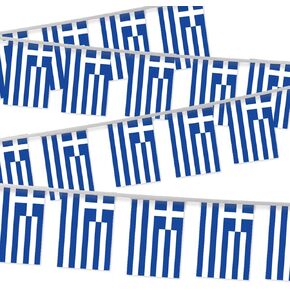 32FT Greece Pennant Small Flag Bunting,30 PCS Mini String Banner Stripes Greek Decor Rectangle for Holiday Restaurant Home Party School