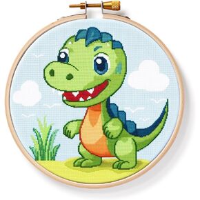 Generic Cartoon Simple Dinosaur DIY 11CT Stamped Cross Stitch Kits Easy for Beginners Children with Hoop Needlepoint Counted Embroidery Kits Art Craft Wall Decoration 14x14inch(5)