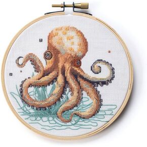 Generic Counted Easy Cross Stitch Kits Octopus Color Stamped Embroidery for Starter Kits DIY 11CT Stamped Patterns Embroidery Needlework Kit Supplies 12 Inch Hoop Included(61-L), ZGF-XIUPE 972ADK60