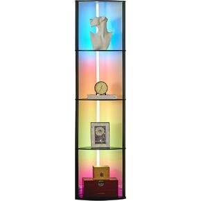 Woodronic 5-Tiered Corner Shelf with LED Light, 64 Inch Standing Shelf Organizer, Metal Frame Solid Wood Storage Display Rack for Living Room, Bedroom, Kitchen, Gaming Room