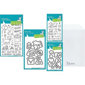 Lawn Fawn Yappy Birthday 4"x6" Clear Stamp Set, Coordinating Die Set Plus Yappy Birthday Add-on 3"x4" Stamps and Dies, Carnora Storage Pocket, Bundle of 5 Items
