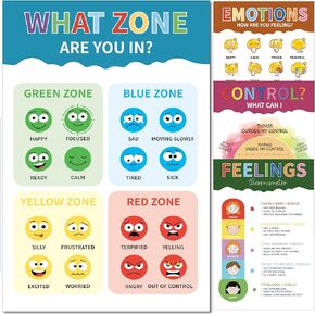 ARNOLILI 4-Pack Feelings & Emotions Chart for Kids - Zones of Regulation Posters, Social Emotional Learning Tools for Classroom, Counselor Office Decor (8x12 Inch)