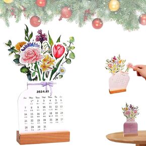 Bloomy Flowers Desk Calendar 2025, Creative Flower Desk Calendar with Wooden Base, Vase Shaped New Year Monthly Calendar Planner, Mini Standing Flip Decorative Flower Calendar for Home Office School