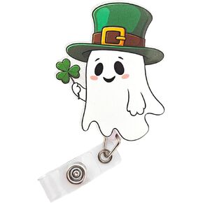 Cute St Patrick's Day Ghost Badge Reel, Ghost Lucky Gift Clover Retractable ID Badge Holder, Teacher Badge Clip, RN CNA MA Nursing Gifts, Cute Holiday Badge Reel