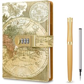 Vintage Old Map Diary with Lock,A5 Locking Journal Pu Leather Refillable Writing Notebook with Lock Combination Password Personal Lock Journal with Pen&Gift Box Secret Lock Diary for Adults Men&Women