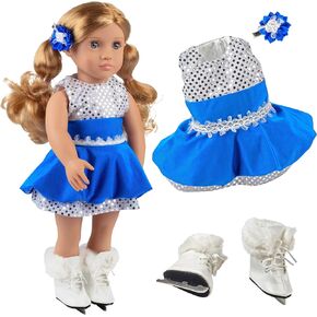 3pc Ice Skating Doll Outfit- Handmade Clothes & Accessories Compatible w 18" American Girl Doll- Figure Skater Set Includes Sparkly Dress, Ice Skates, & Hair Clip- Valentine's Day Gift Set for Girls