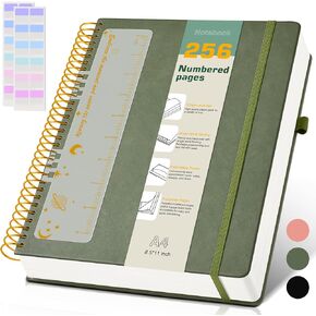 A4 Spiral Notebook Journal 8.5" x 11", 256 Numbered Pages Hardcover Leather Journals for Women Men, Large Lined College Ruled Notebooks, 100GSM Thick Paper, Spiral Bound Journal for Work School, Green