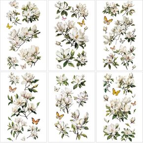 12pcs White Magnolia Rub on Transfers for Crafts and Furniture Flowers Rub on Transfers Vintage Floral Transfer Stickers Vintage Iron On Transfers Decals for Wood Furniture Home Decor 12x6inch