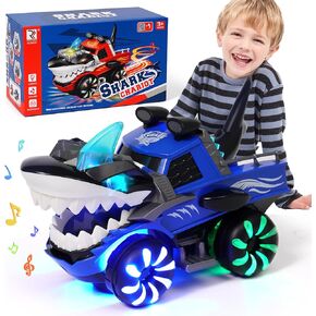 Shark Toys for Baby, Monster Trucks for Toddlers 2-4 Flashing Light Up Shark Car with Music, Baby Blue Shark Monster Trucks Toys for Toddlers 1 3 4 5 6 Year Boys Kids Christmas Birthday Gift