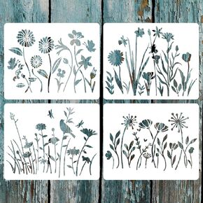 4 Pieces Spring Wildflower Stencils for Painting, Reusable 5.9 x 4.7 Inch Small Wild Flower Stencils DIY Drawing Template for Painting on Wood Wall Canvas Home Decor