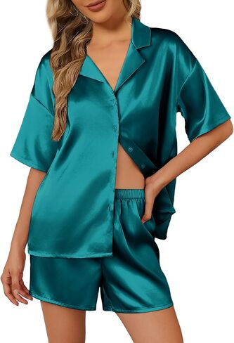 Ekouaer Womens Silk Satin Pajamas Set Short Sleeve Sleepwear Button Down Top and Shorts Loungewear 2 Piece Pjs Set in Saudi Arabia