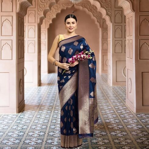 KNETLI Art Silk Saree for Women Indian Traditional Pure Zari work Saree With Unstitched Blouse in Saudi Arabia