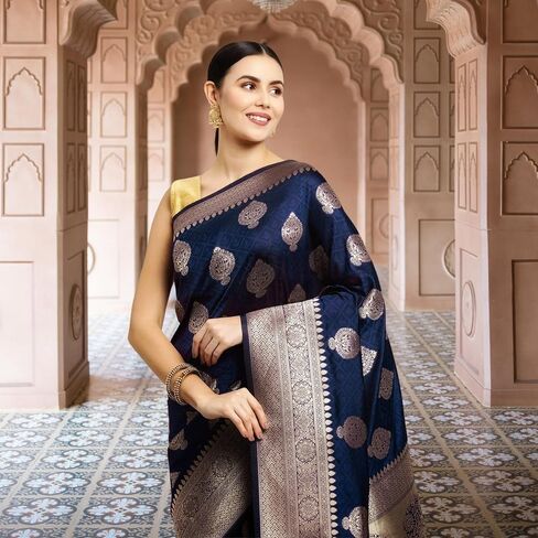 KNETLI Art Silk Saree for Women Indian Traditional Pure Zari work Saree With Unstitched Blouse in Saudi Arabia