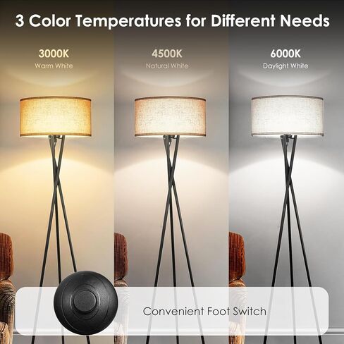 مصباح أرضيات ترايشاري ترايبود ، 63 بوصة في منتصف القرن ، مصابيح دائمة لغرفة المعيشة ، مصباح طويل طويل القامة مع مصباح 3000K-6000K E26 ، مصباح أرضي رجعية لمزرعة غرفة النوم in Kuwait